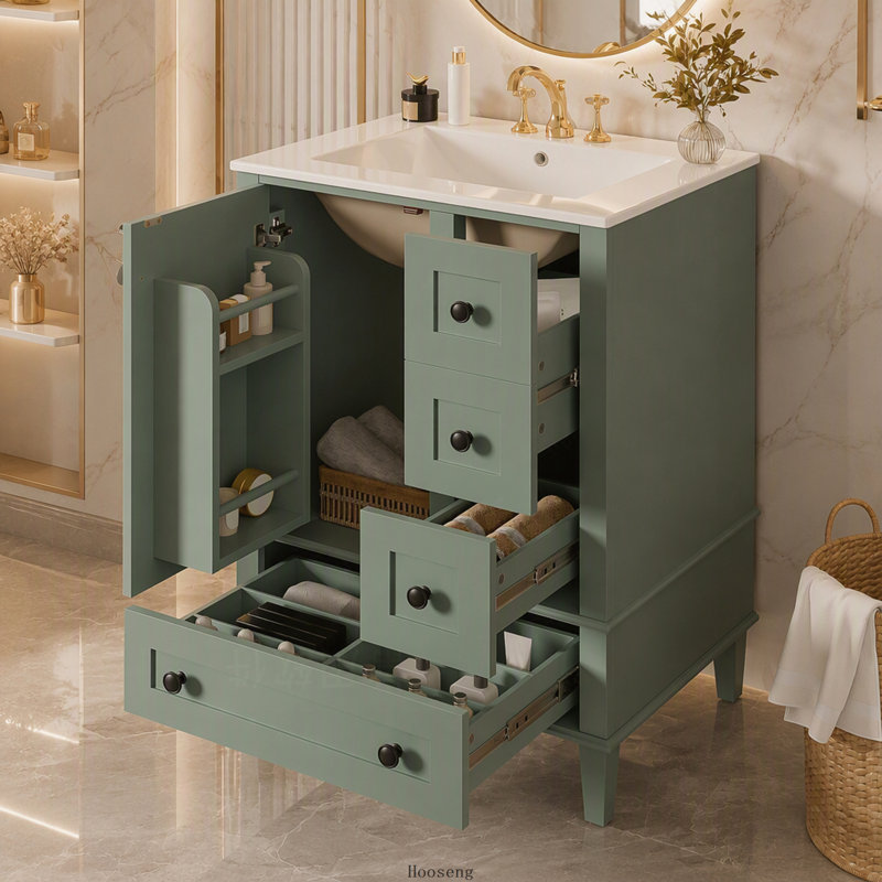 Meuble-lavabo vert clair 24 po avec lavabo intégré en céramique, tablette à double couche et tiroirs à fermeture en douceur
