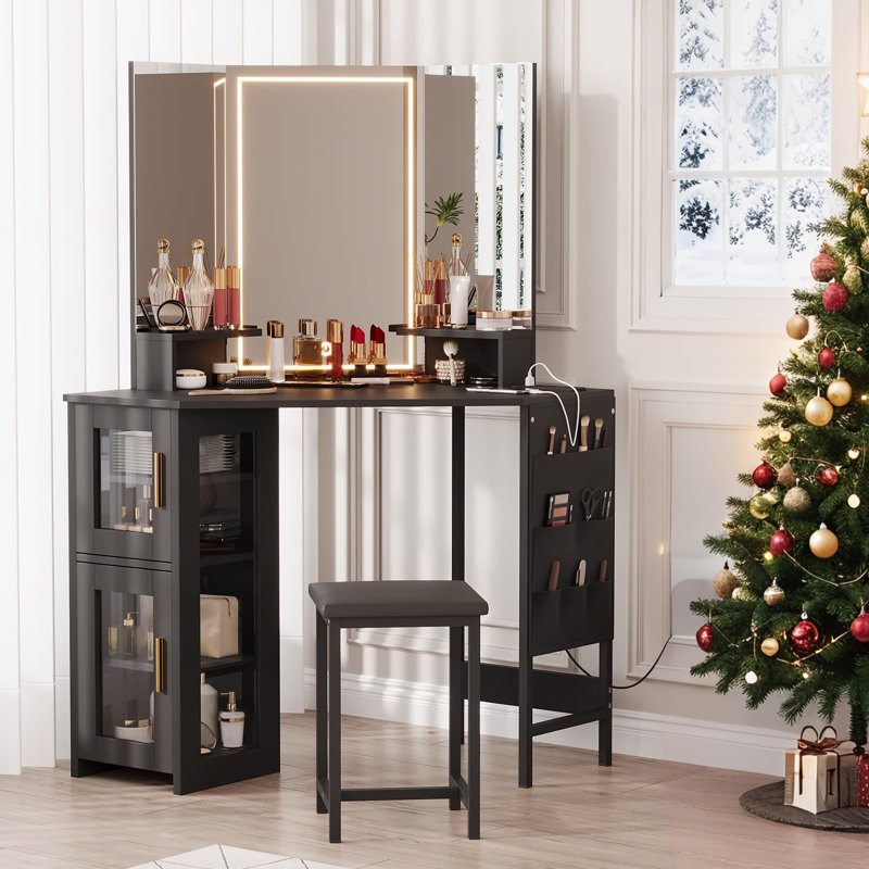 GarveeHome Corner Makeup Vanity Desk with LED Lighted Mirror – Charging Station, Storage Cabinet, Hanging Storage Bag, Stool – Black Wooden Dressing Table for Bedroom, Black, LED Light Mirror