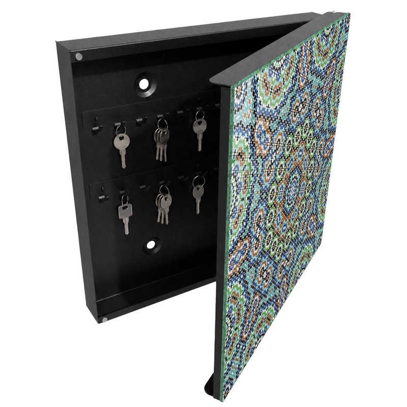 Wall mounted key box, Opens to the left, 30x30x5, Black, A complex mosaic pattern full of intense colors, 