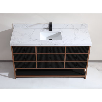 60" Single Vanity With Golden Brush Stainless Steel Frame And Tricorn Black Finish With 2' Thick White Artificial Stone Top