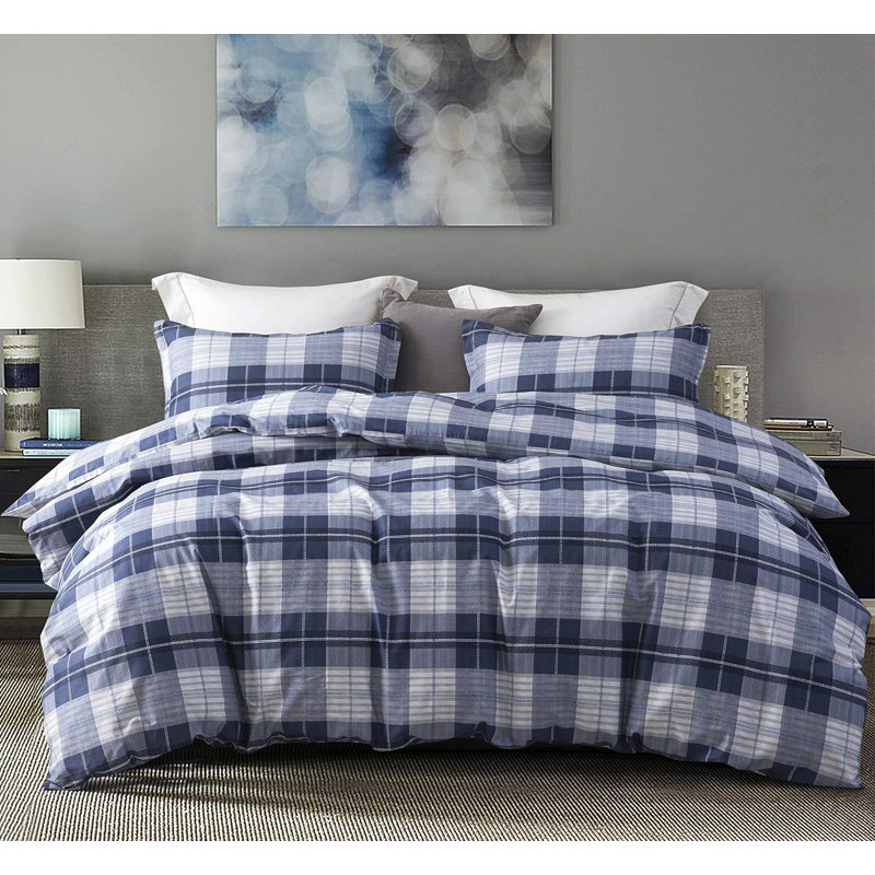 SLEEPBELLA Comforter Queen Size, 600 Thread Count Cotton Navy Blue & Grey Buffalo Pattern Blue Plaid Comforter Sets,Down Alternative Bedding Set 3Pcs (Queen, Navy Plaid)