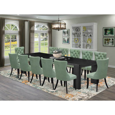 13-piece Kitchen Table Set a Rectangular Xtenczar Modern Dining Table and 12 Willow Green Polyester fabric Kitchen Chairs, Wire Brushed Black Finish.