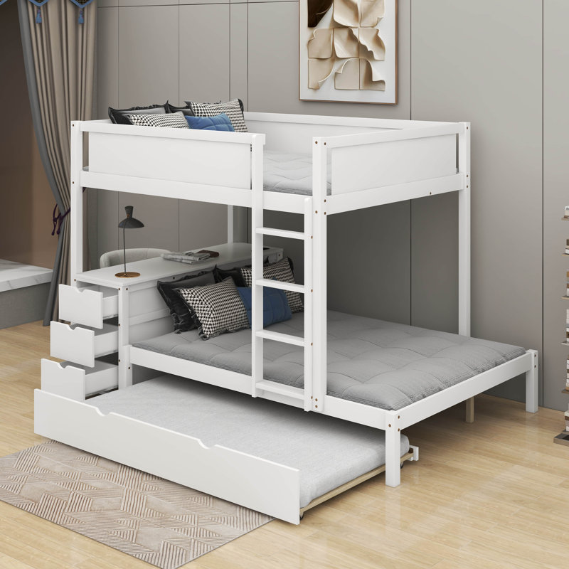 Lit superposé double avec lit gigogne et bureau, Blanc
