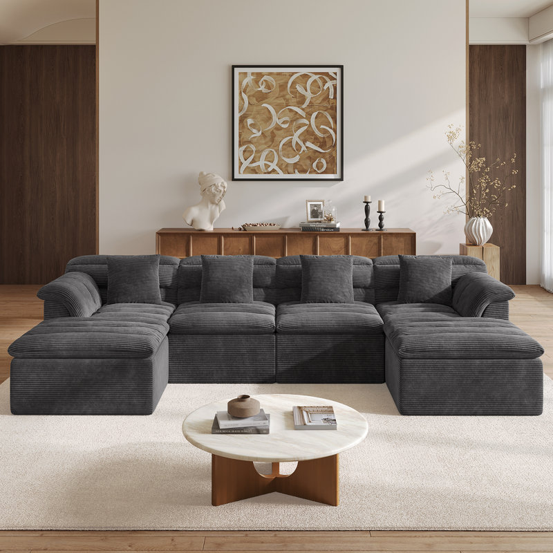 Canapé modulaire Boneless de 142 po avec assise profonde, canapé en velours côtelé désossé, aucun assemblage requis