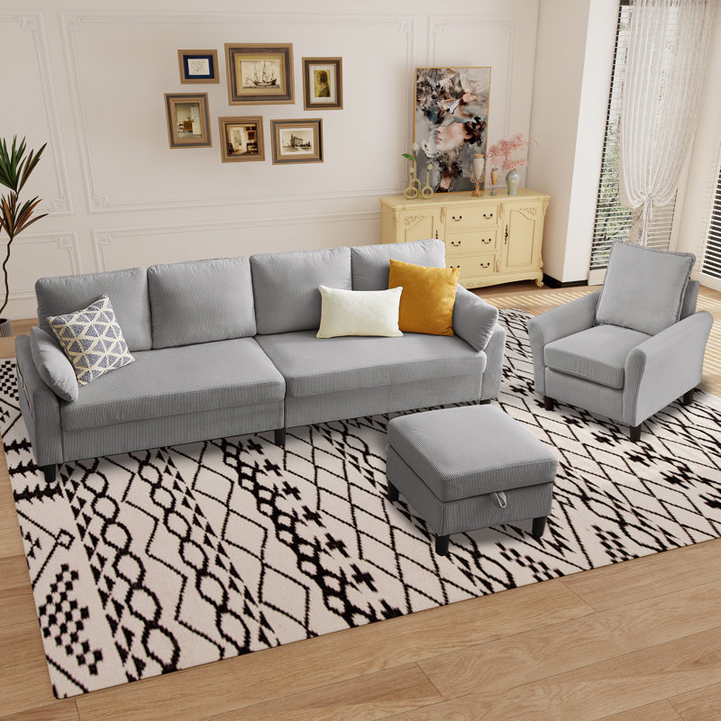 Ensemble de salon de 101 po en velours côtelé 3 pièces comprenant un canapé modulaire en L 4 places, un repose-pieds et une chaise