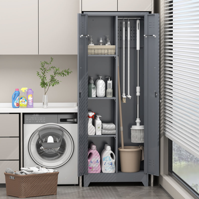 65"h Broom Closet Storage Cabinet, Utility Closet For Brooms And Mops, Cleaning Metal Storage Cabinet With Pegboard And Hanging Rod, Metal Cabinet With Doors And Adjustable Shelves,garage,grey