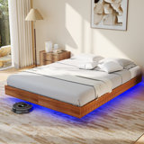 Floating Bed Frame with LED Lights, Fluted Mid Century Modern Floating Platform Bed No Box Spring Needed