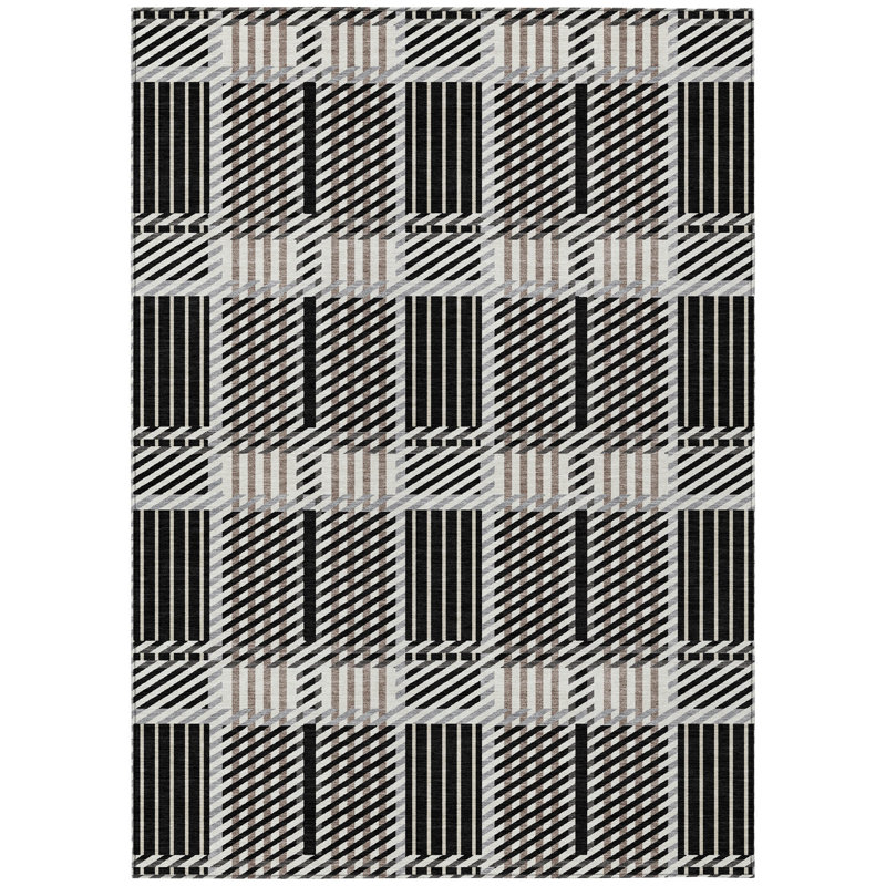 Black and White Plaid Synthetic Washable Area Rug