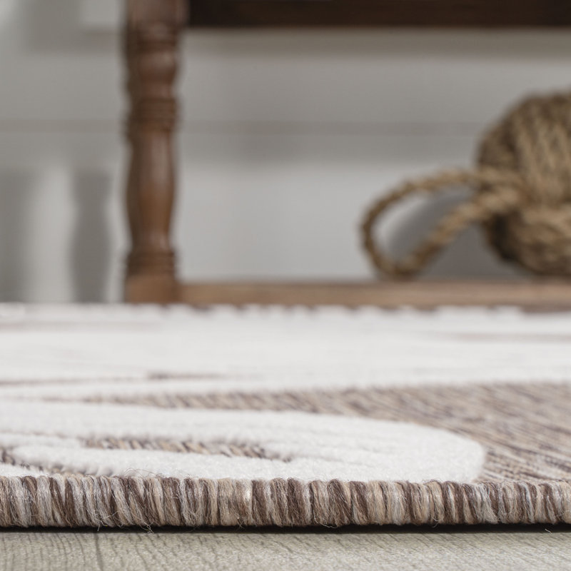 Tapis d'intérieur / extérieur à deux tons à motif de feuilles Monstera brun / ivoire Shawver, Rectangle 3 pi 1 po x 5 pi