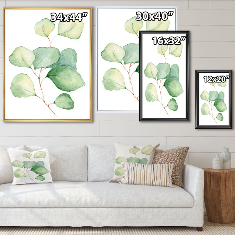 Délicates feuilles d'eucalyptus - Peinture sur toile, Cadre flottant doré, H 40 po x l 30 po