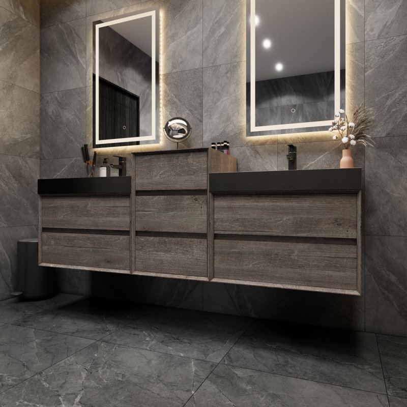 Golitz 79'' Double Bathroom Vanity with Stainless Steel Top, Oak