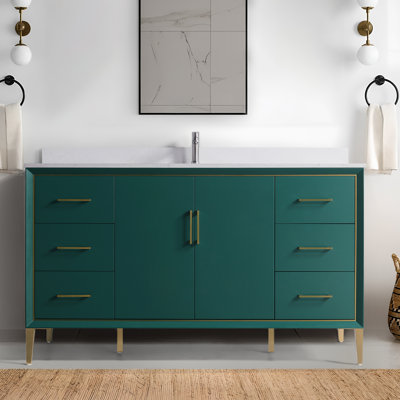 Hood-4g 60.00 In. W X 22.00 In. D X 35.00 In. H  Freestanding Bath Vanity In Green Wood With Single White Top