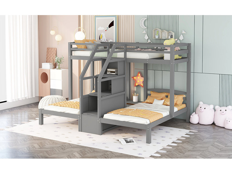  Twin over Twin Bunk Bed with Built-In Staircase and Storage Drawer, Space-Saving Loft Design, Gray