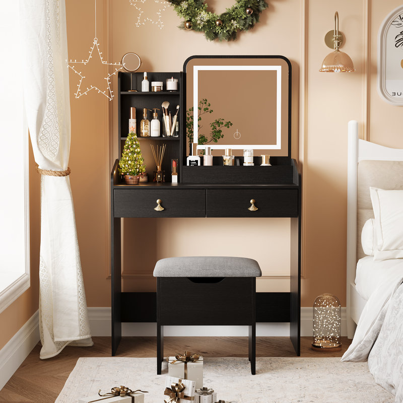 Meuble-lavabo avec miroir lumineux à DEL et station de charge, petit ensemble de coiffeuse avec tabouret de rangement, 4 tablettes ouvertes et 2 tiroirs, coiffeuse pour filles, noir
