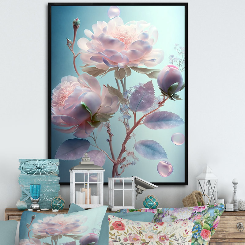 Art floral sur toile, "Ethereal Soft Blossoming", H 44 po x l 34 po x P 1,5 po, Cadre flottant noir