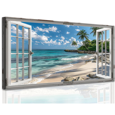  Plage, art mural, fenêtre ouverte, impressions côtières rustiques, océan tropical, art tropical, peinture sereine, paysage de palmier serein