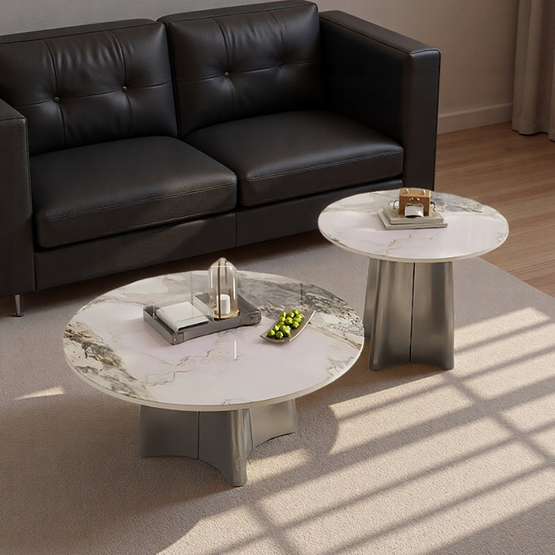 Ensemble de tables basses rondes en pierre de style italien, H 16,3 po x L 35,4 po x l 35,4 po, Blanc / Gris