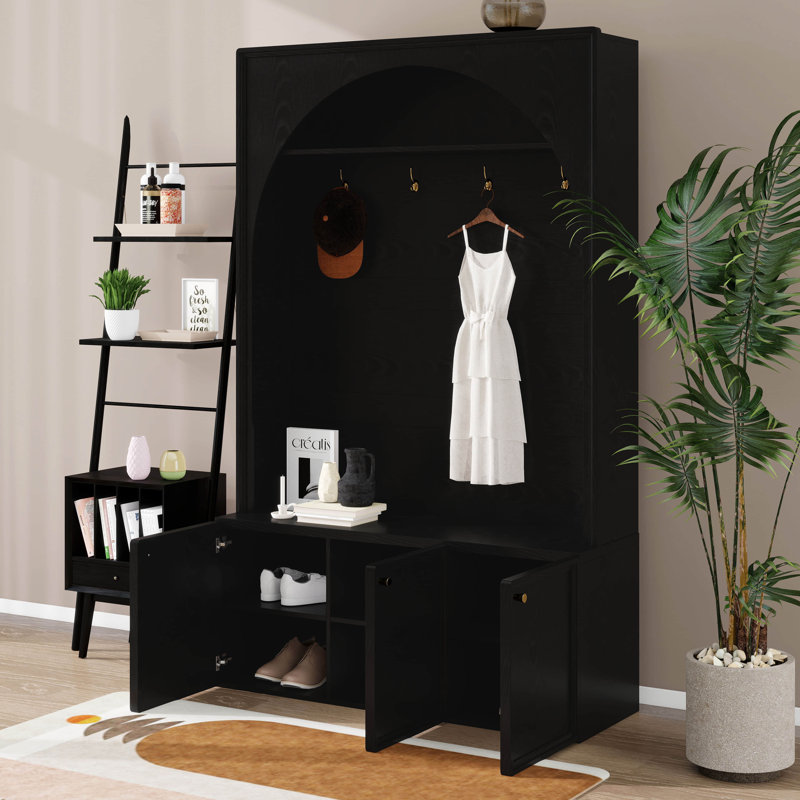 Hall Tree With Bench And 3 Cabinets,Entryway Coat Rack With 4 Hooks And Top Compartments, Retro Arched Entryway Hall Tree