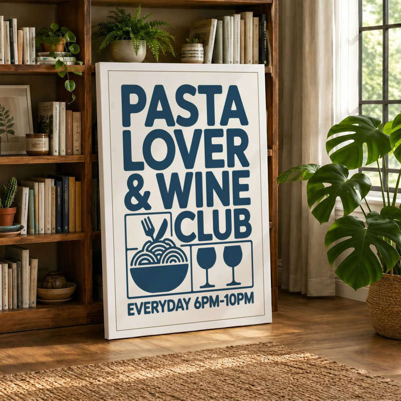 Pasta & Wine Club Typography - Wrapped Canvas, 24x16 - 61.0 x 40.6 cm, Black Border