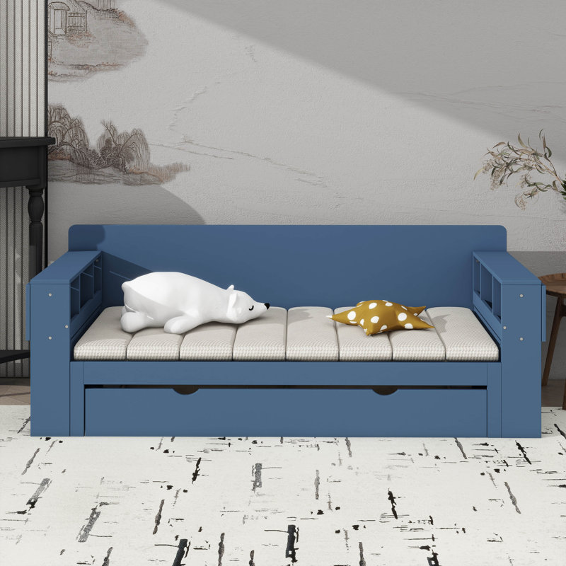 Grand lit de jour en bois avec tiroirs de rangement, bureau amovible et table d'appoint hydraulique, Bleu, Grand lit