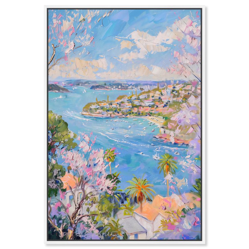 «Hillside Harbor View I» par Art Remedy, H 55 po x l 37 po, Cadre flottant, Blanc