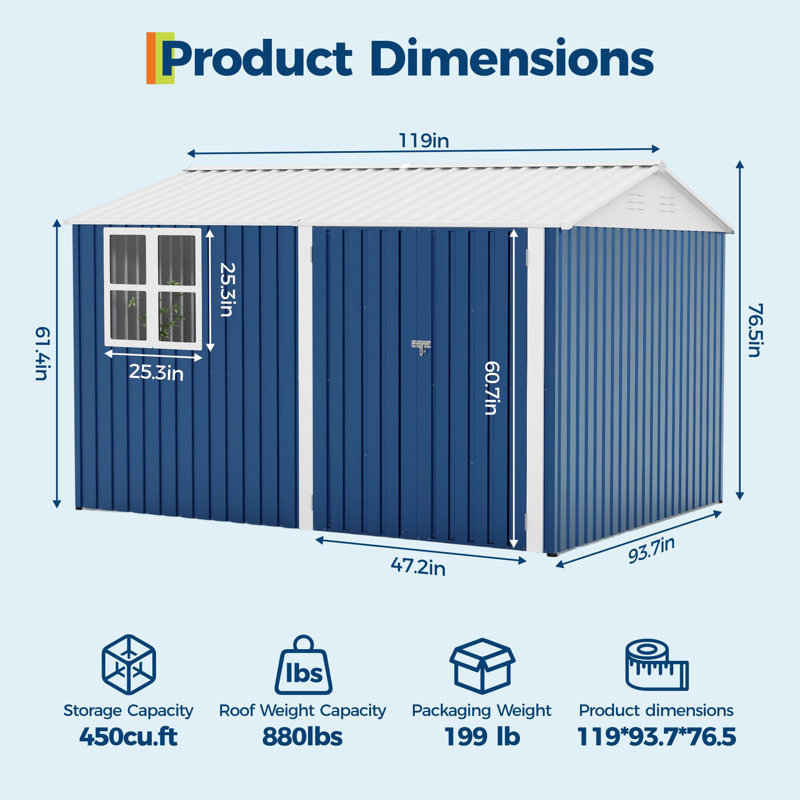 10x8 FT Storage Shed with Cross Windows & Double Doors – 450 Cu Ft Large Outdoor Tool Shed, Garden Shed for Riding Mower, Bike, Lawn Equipment – All Weather Metal (Blue)