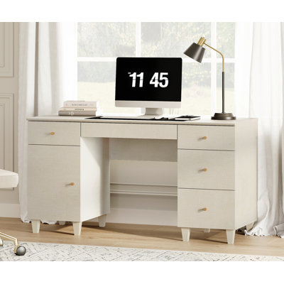 Lysiane 58" Executive Desk With 4 Drawers And 1 Door, Modern Farmhouse Home Office Computer Table With Charging Station, Keyboard Tray