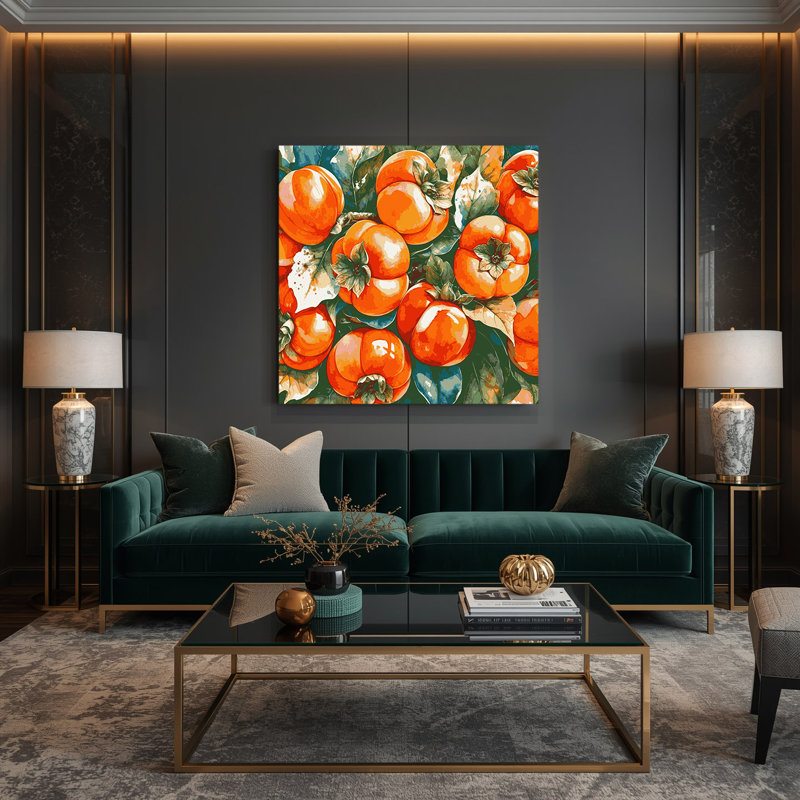 Fruit, persimmon, art mural sur toile vert, H 16 po x l 16 po