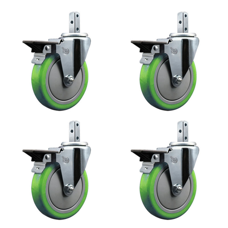 Ensemble de roulettes à tige carrée pivotante de 5 pouces en poly 7/8 pouces avec frein SCC, Vert