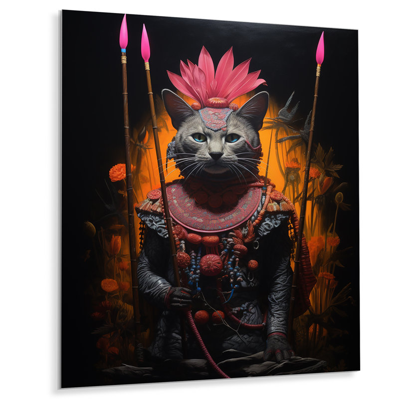 Chat chamanique armure rose - chat, art mural, H 20 po x l 12 po x P 1 po, Métal métal
