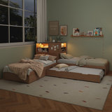 L-Shaped Combination Twin Bed With Trundle And Drawer,3-In-1 Low Corner Platform Bed Linked With Built-In Desk And Led Downlight