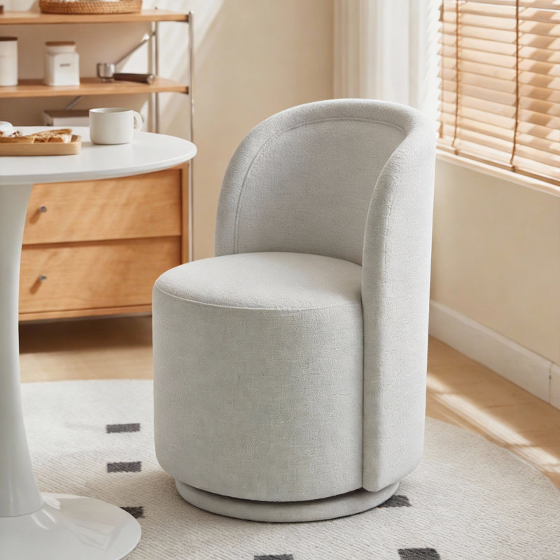 Modern Upholstered Chenille Swivel Barrel Dining Chair, Cream White, 1