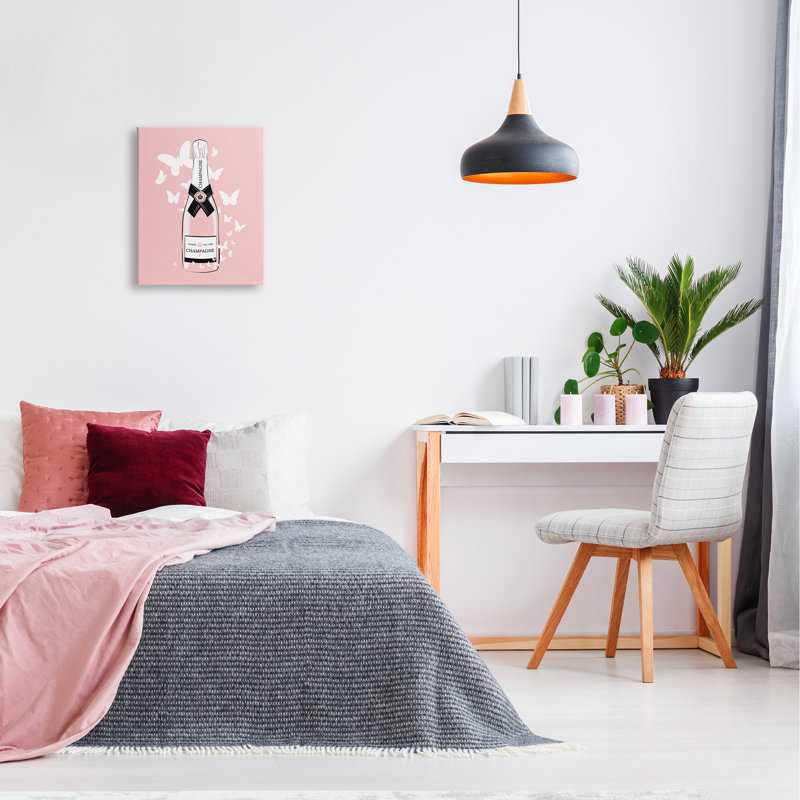 «Pastel Fluttering Butterflies Chic Pink Champagne Bottle» par Martina Pavlova, impression sur toile, Toile tendue