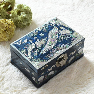 Boîte à bijoux en nacre faite à la main avec motif floral paon, finition laquée, rangement à plusieurs niveaux pour bracelets, montres, bagues et boucles d'oreilles