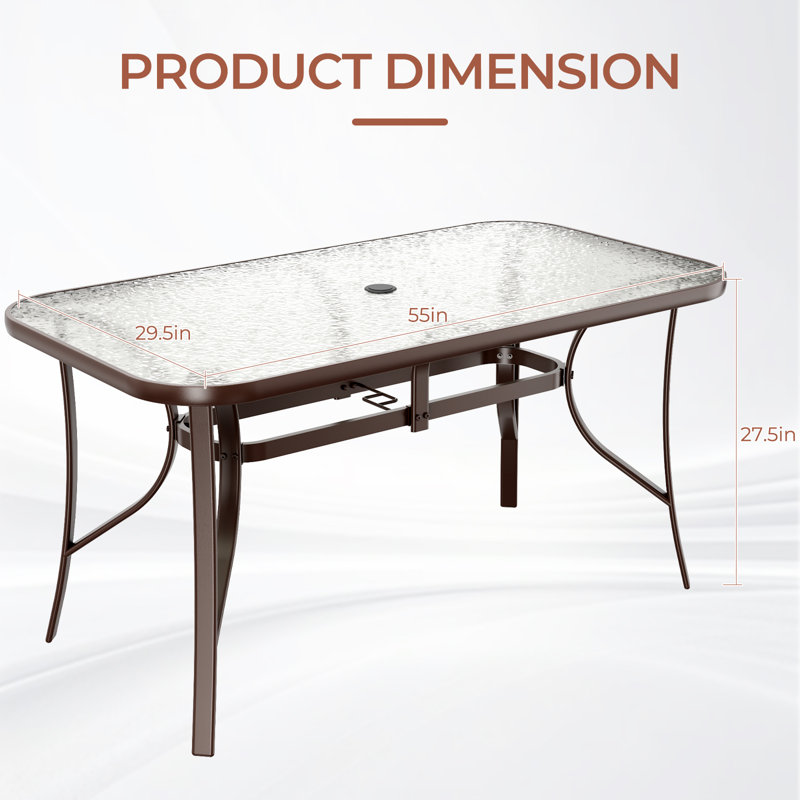 Patio Outdoor Table With 1.69''  Umbrella Hole, 30"X 55" Rectangular Tempered Glass Patio Dining Table For 6,  Outdoor Metal Furniture, All-Weather Use, For Patio, Garden, Backyard, Poolside(Brown)