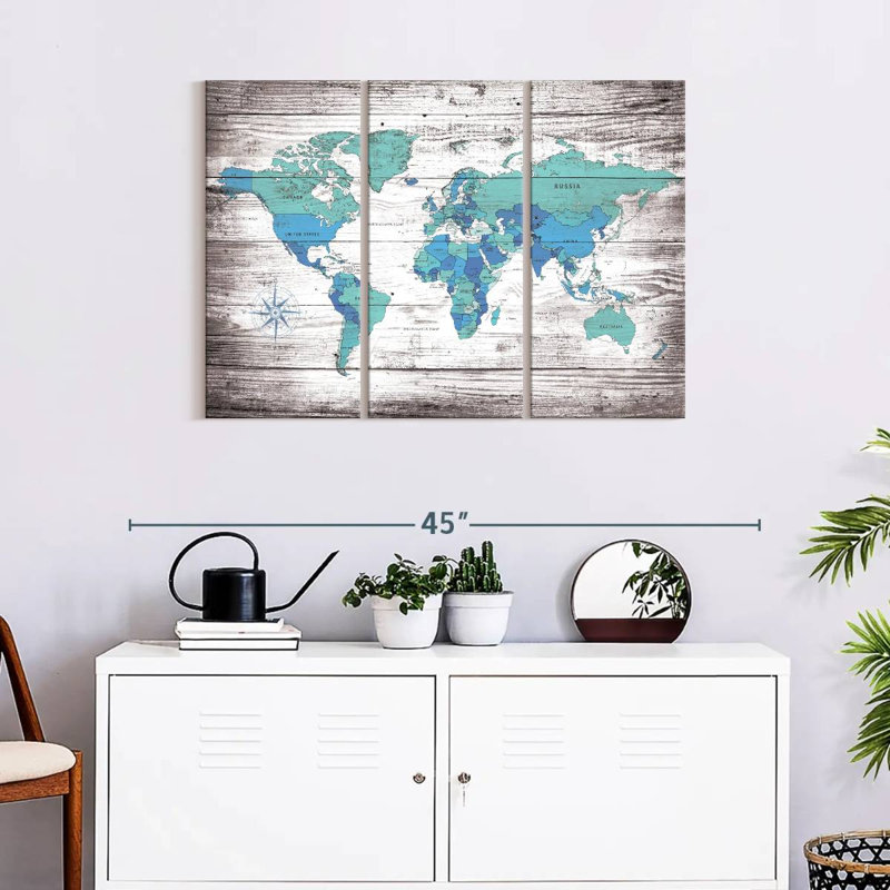 «Aged World Map XXX», ensemble de 3 reproductions sur toiles par Jorge S, H 24 po x l 38 po x P 1,25 po
