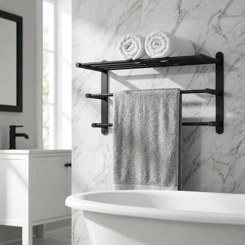 3-Tier 24" Stainless Steel Wall Mounted Towel Rack With Concealed Mounting Hardware, Matte Black