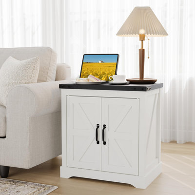  Farmhouse Table with USB & Type-C Charging Station – Sliding Barn Door, Adjustable Shelf, Large Storage – Rustic Table for Bedroom or Living Room – White
