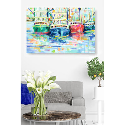 Bateaux colorés au port, bateaux de pêche, nautique, côtier, quai, port, bleu, eau, vert, jaune, rouge, réflexion, coups de pinceau