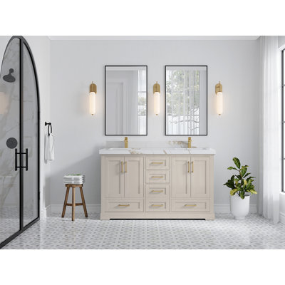 Boston 60 In. W X 22 In. D Double Sink Bathroom Vanity In Fine Grain With 2 In. Quartz