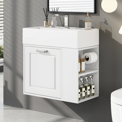 Meuble-lavabo mural de 21,8 po avec lavabo en céramique, tiroir à fermeture en douceur, tablettes réglables et porte-papier hygiénique, blanc, design minimaliste, accès facile à la plomberie, assemblage par paquet