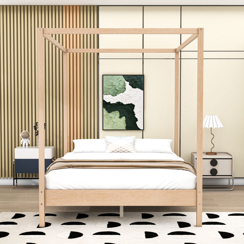 Wood Four Poster Platform Bed with Slats Support and Center Legs, Queen, Natural
