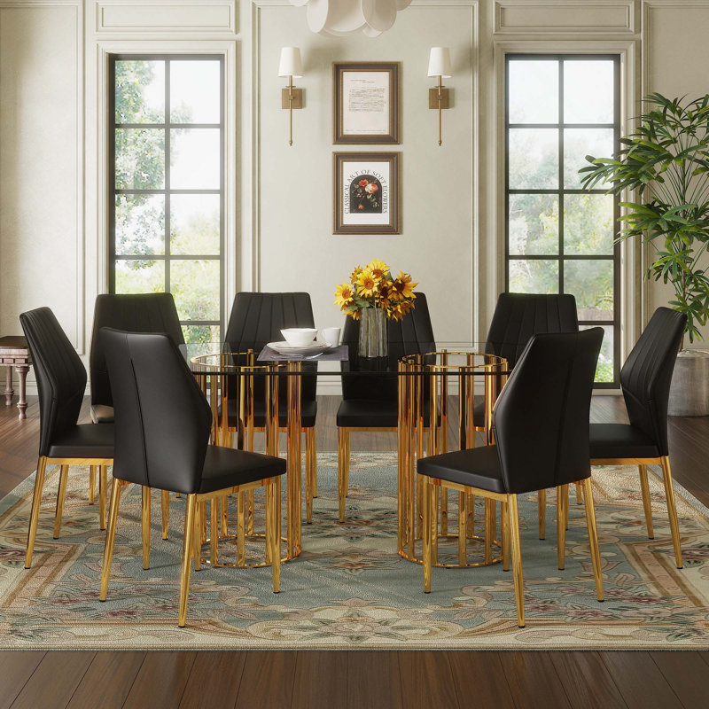 Ensemble de table et de chaises 9 pièces. Table de salle à manger ovale en verre trempé avec 8 chaises ergonomiques à dossier