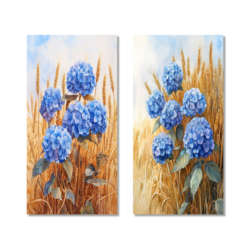 «Hortensias de campagne dans le champ de blé III», impression d'art mural en métal bleu 2 pièces, 40" H x 40" W