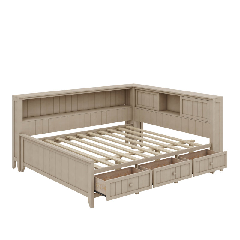 Lit de jour chic en bois équipé de tablettes et de tiroirs de rangement pratiques, Lit double