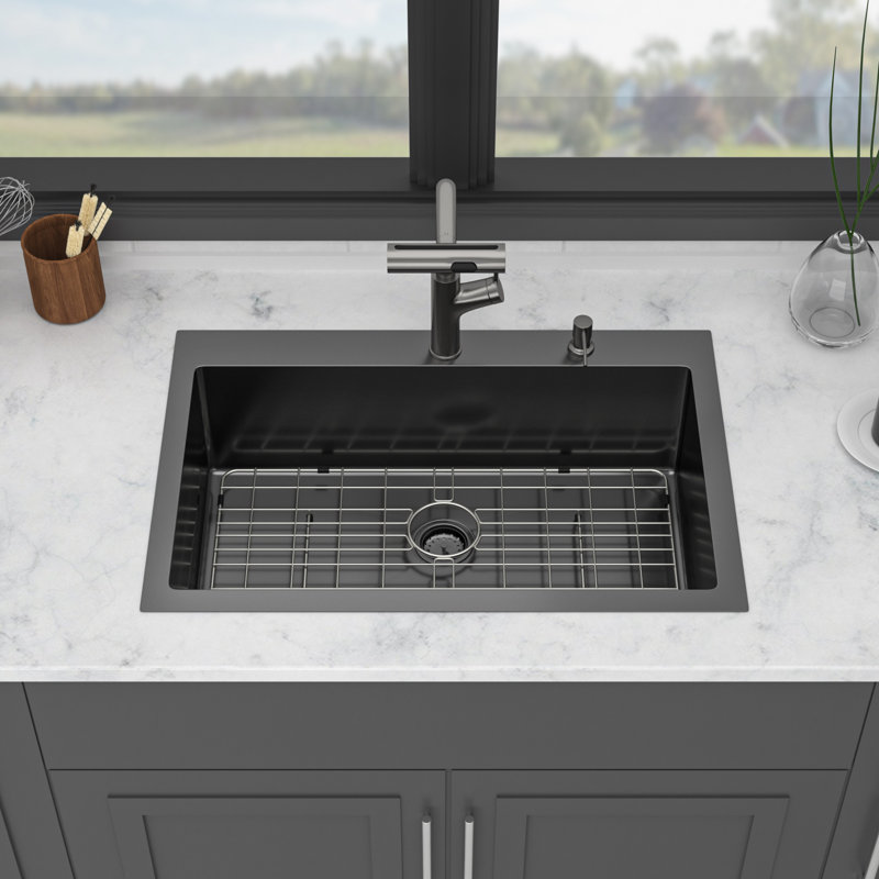 30" Drop-In Gunmetal Black Single Bowl Kitchen Sink, 16 Gauge Stainless Steel, With Pull-Out Faucet And Soap Dispenser | Gift Idea