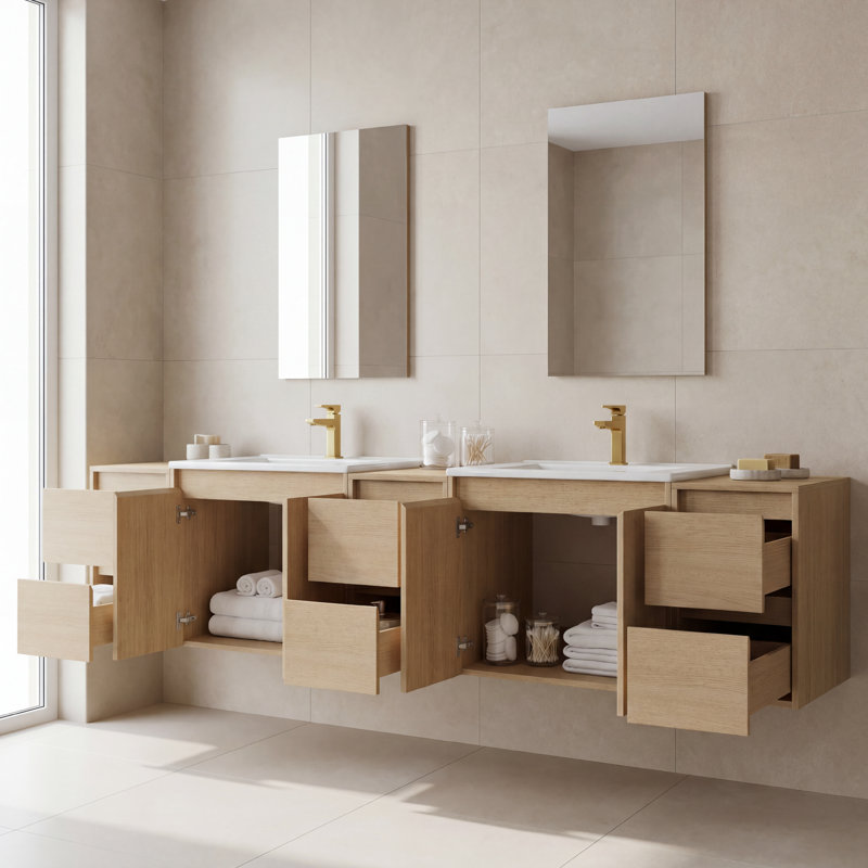 Meuble-lavabo double 84 po avec lavabo en céramique et conception sans poignée, Frêne, 84"