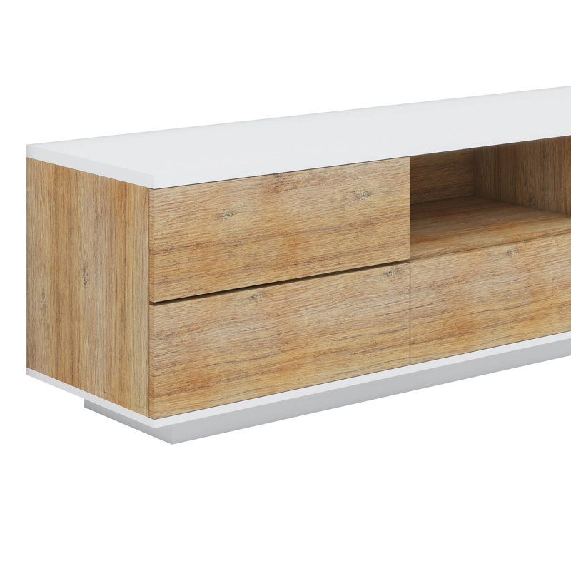 Meuble télé moderne, console multimédia avec rangement multifonctionnel, Naturel / Blanc