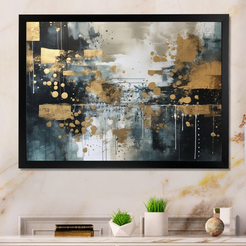 " Gold Minimalims Enchantment ", 16" H x 32" W x 1" D, Black Picture Framed