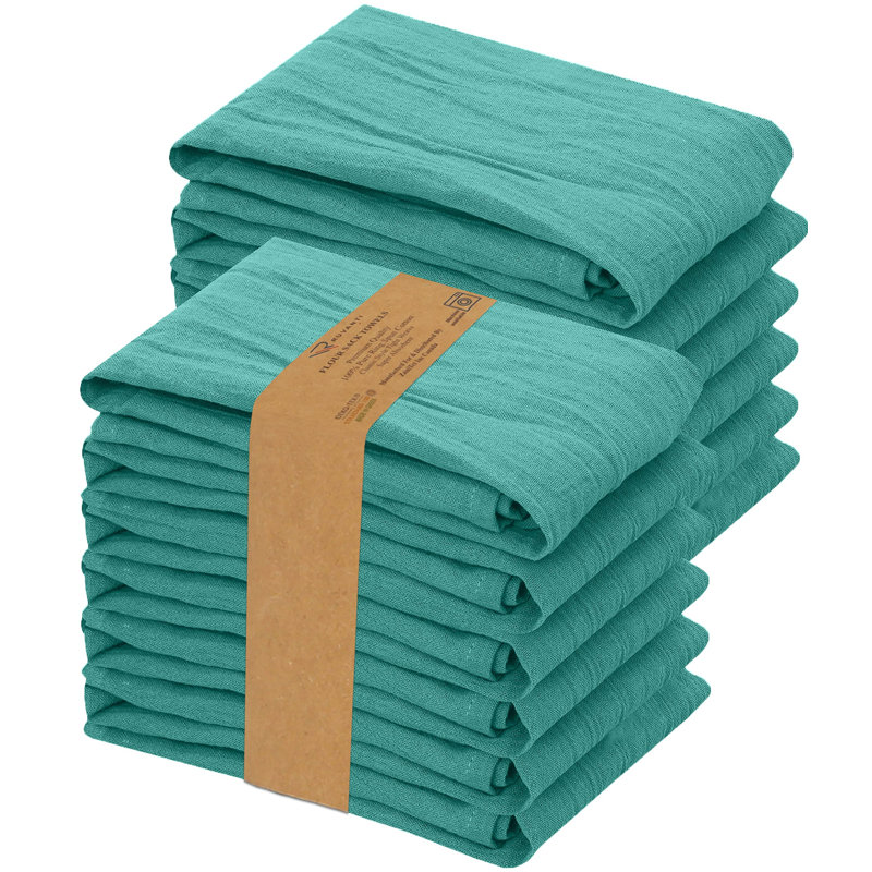 100% Cotton Solid Flour Sack Dishcloth Kitchen Towels Set for Dish Drying & Cleaning, 12, Turquoise